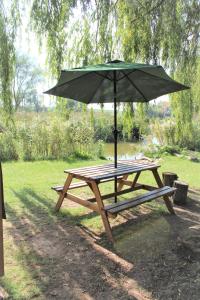 uma mesa de piquenique com um guarda-chuva num parque em Teeny Tiny Tipi lakeside pod em Clare