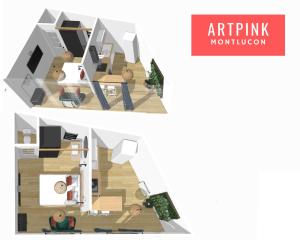 a set of twoometric views of a room in an apartment at Artpink - Idéal Pros - Proche commerces - Agathor in Montluçon