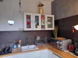 - un comptoir de cuisine avec des placards blancs et un évier dans l'établissement Le gîte du Tarn, à Aguessac