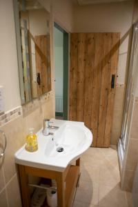 ein Badezimmer mit Waschbecken und Dusche mit Spiegel in der Unterkunft Brosterfield Cottage in Foolow
