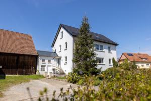 a white house with a tree in front of it at Ferienhaus mit 2 Wohnungen - ideal für Familien & Gruppen in Burgkunstadt