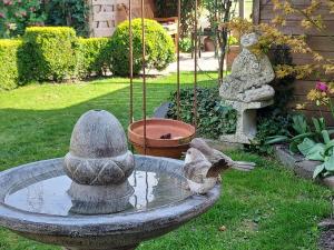 a bird is drinking out of a fountain at Familie Postma B&B Anjum in Anjum