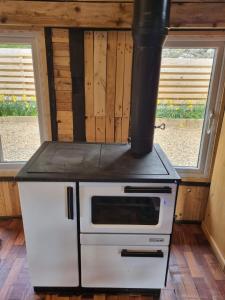 a stove in a tiny house with two windows at The Thatchie in Deal