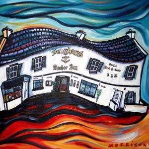 a painting of a white building on a wave at Vaughans Anchor Inn in Liscannor