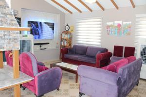 a living room with purple chairs and a couch at Casablanca Hotel in Dalyan