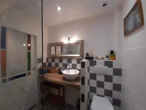 La salle de bains est pourvue d'un lavabo, de toilettes et d'un miroir. dans l'établissement Le gîte du Tarn, à Aguessac