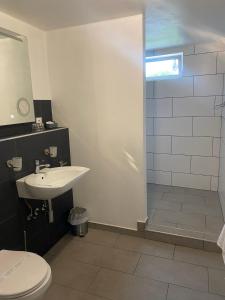 y baño con aseo, lavabo y ducha. en Mikroapartments Klarenthal, en Saarbrücken