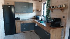 eine Küche mit blauen Schränken und einem schwarzen Kühlschrank in der Unterkunft Domek nad Czerwienią in Preseka