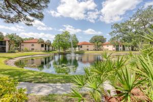 a pond in a yard with houses at Modern Palm Paradise in Bradenton