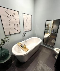 La salle de bains est pourvue d'une baignoire et de 2 miroirs. dans l'établissement Le 42 Victor Hugo, à Carcassonne