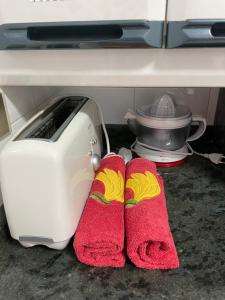 a pair of red oven mitts next to a toaster at Piso céntrico a 10 min de la playa con garaje incluido in Castro-Urdiales