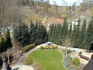 un jardin avec un banc au milieu d'une cour dans l'établissement Pokoje Gościnne Monti, à Kudowa-Zdrój