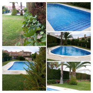 un collage de cuatro fotos de una piscina en Casa Adriana cerca de la playa, piscina comunitaria, en Cambrils