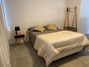 a bed with two pillows on it in a bedroom at Moderno monoambiente con vista al Río in Rosario