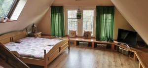 una camera con letto, TV e tende verdi di Wsiowa Chata a Ścinawka Górna