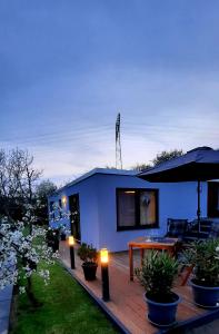 uma pequena casa azul com um deque de madeira com luzes em Bergblick em Thale