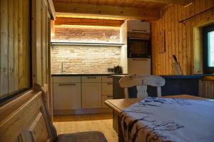 a small kitchen with a bed in a cabin at FERIENHAUS WALDTRAUM in Sankt Veit an der Glan