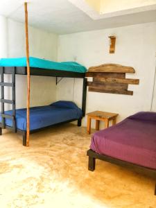 sypialnia z 2 łóżkami piętrowymi i stołem w obiekcie Mi Refugio Dive House w mieście Cozumel