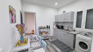 a kitchen with a table and a washing machine at Villa Kipourio in Ipsos