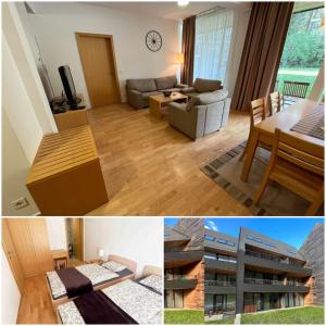 two pictures of a living room and a dining room at Golden Fox Apartment Pohorje in Maribor