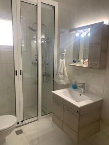 a bathroom with a shower and a sink and a toilet at KOS SUITE HOME in Platánion