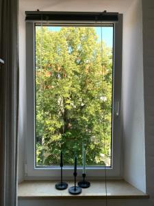 a window with three candles in front of a tree at charmant Leben im Textilviertel_zentral & ruhig in Augsburg