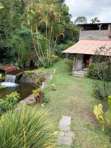 un jardín con un estanque, una casa y un patio en Chalet Teresopolis, en Teresópolis