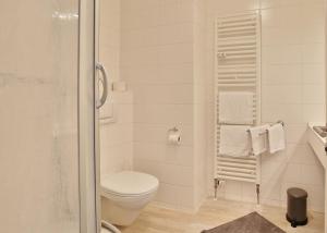 a white bathroom with a toilet and towels at Strandduene Stranddüne Appartement 3 in Haffkrug +11 photos