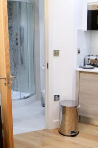 y baño con ducha y cubo de metal. en Executive Bright and Airy Studio Apartment in Sydenham, en Londres