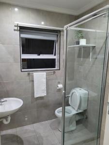 a bathroom with a toilet and a sink and a window at On the Wrench in Cape Town