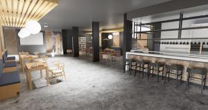 a rendering of a restaurant with tables and chairs at شقق إيوان الشرق للشقق المخدومة in Qal'at Bishah