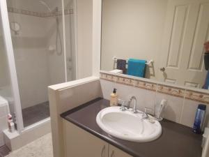 uma casa de banho com um lavatório e um chuveiro em Joondalup Guest House em Perth