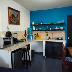 een keuken met een aanrecht en een blauwe muur bij Casa LUNA in Misiones de La Paz