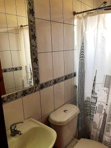 een badkamer met een toilet, een wastafel en een spiegel bij Gran Parcela Monte de Olmue in Olmué