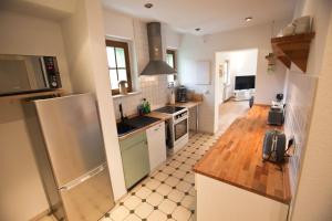a kitchen with a refrigerator and a counter top at Ferienwohnung am Schwimmbachtal in Georgenthal