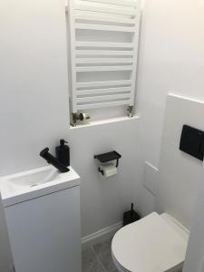 a white bathroom with a toilet and a sink at VIP Rooms Apartment in Toruń