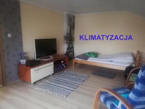 ein Wohnzimmer mit einem Bett und einem TV in der Unterkunft Kwatera Na Rogu in Augustów