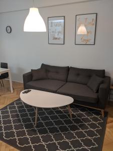 a living room with a couch and a coffee table at Small cozy apartment near the center of Plovdiv in Plovdiv