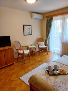 salon z telewizorem, stołem i krzesłami w obiekcie Tölgyes Apartment w Hajduszoboszlo