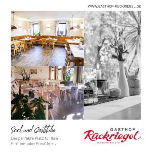 Gasthof Ruckriegel في Seybothenreuth: مجموعة من صور المطعم مع الطاولات والكراسي