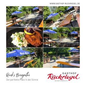 uma colagem de fotos de um restaurante com mesas e guarda-chuvas azuis em Gasthof Ruckriegel em Seybothenreuth