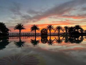 una puesta de sol con palmeras reflejándose en una piscina de agua en Continental Xin Hao Hotel and Resort 洲际新濠酒店, en Sihanoukville