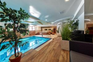a swimming pool in a living room with plants at Hotel Skalny in Zakopane