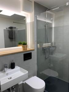 La salle de bains est pourvue d'une douche, de toilettes et d'un lavabo. dans l'établissement Kleiner Koenig - Appartement im Stadtzentrum, à Bochum