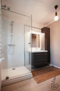 a bathroom with a glass shower and a sink at Studio Juliette in Stavelot +35 photos