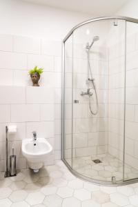 a bathroom with a shower and a sink at SimSim Apartamentai in Šventoji +8 photos