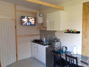 a kitchen with a stove and a tv on the wall at Domek nad Szelągiem in Stare Jabłonki