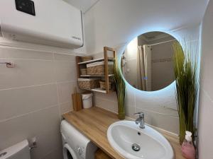 a bathroom with a sink and a mirror at Azur, a 100m du marché de Noel, appartement 4 personnes et parking privé in Le Barcarès