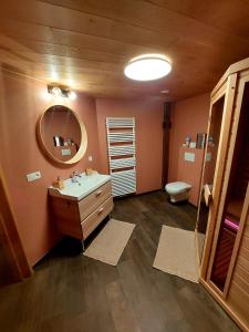 uma casa de banho com um lavatório, um WC e um espelho. em Le Clos Vert em Malmedy