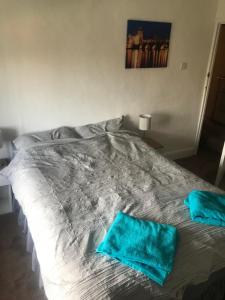 uma cama com duas almofadas azuis em cima em The Northmore Arms em Throwleigh